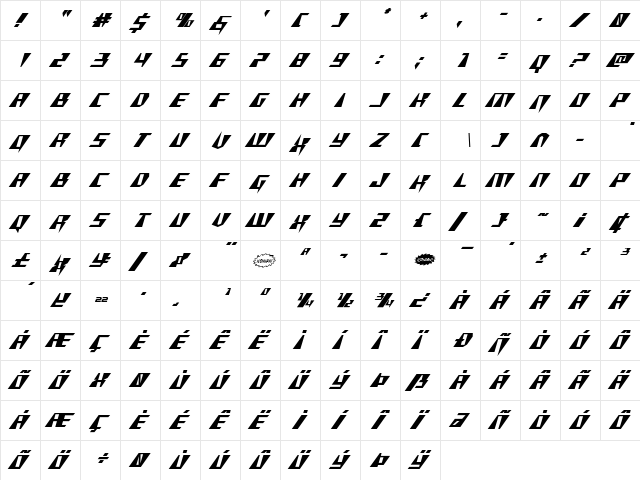 X-Racer Italic Italic  glyph index