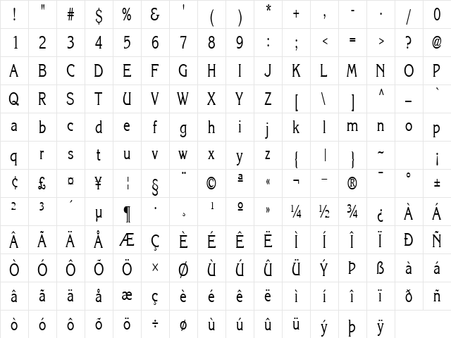 KaneCondensed Regular  glyph index