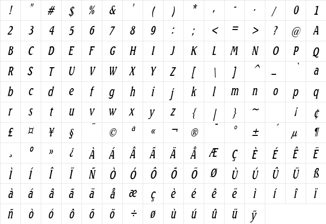 Beach Thin Italic  glyph index