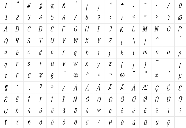 Aaux OfficeItalic Regular  glyph index