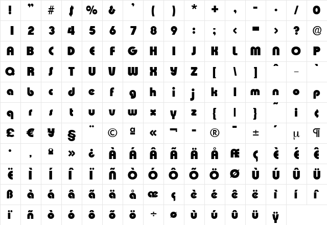BrianBecker-Heavy Regular  glyph index
