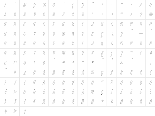 DISPLAYEDObliqueoutline Obliqueoutline  glyph index