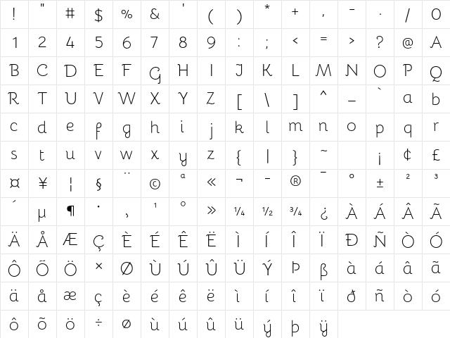 Bellota Light Regular  glyph index