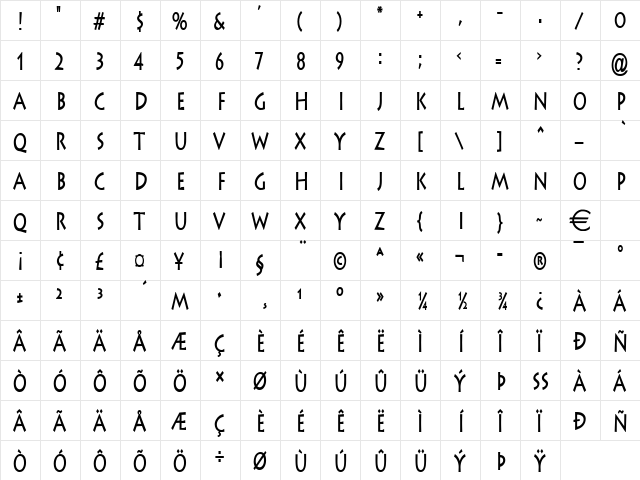 ListeThin Bold  glyph index