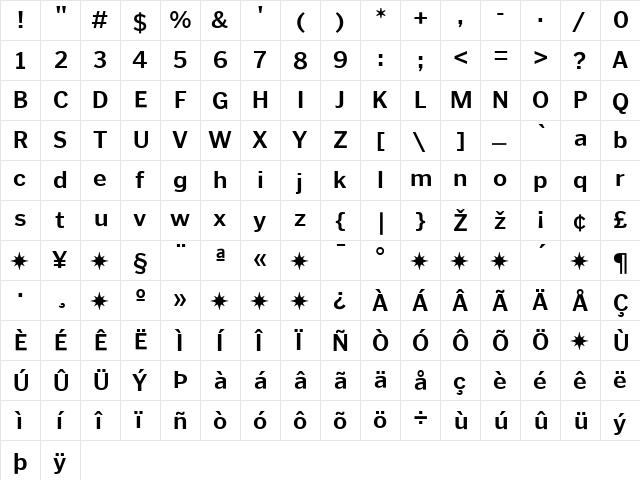 PoynterText Regular  glyph index