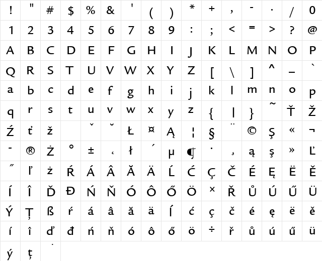 LegacySanItcTEEMed Regular  glyph index