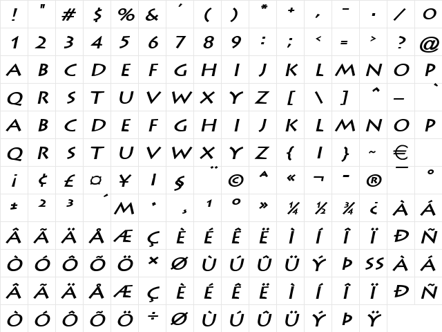 ListeWide BoldItalic  glyph index