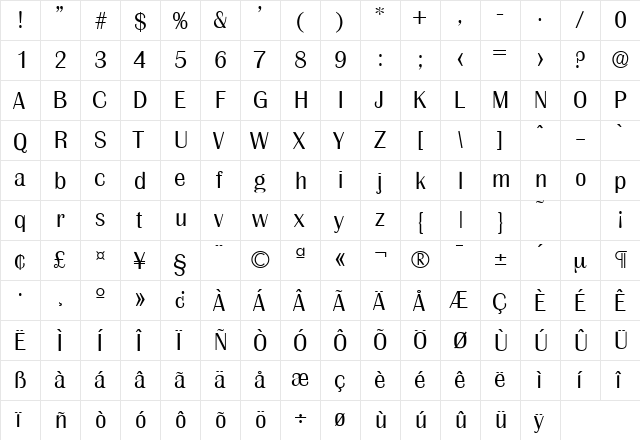 Grenoble-Serial-Light Regular  glyph index