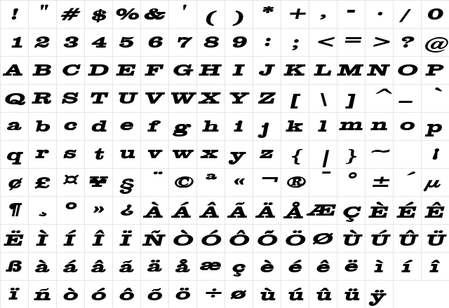 Clare Extended Bold Italic  glyph index