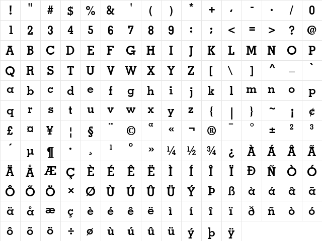 Memphis Bold  glyph index