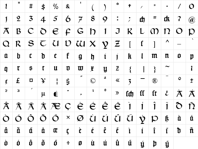 Typographer Uncialgotisch Regular  glyph index