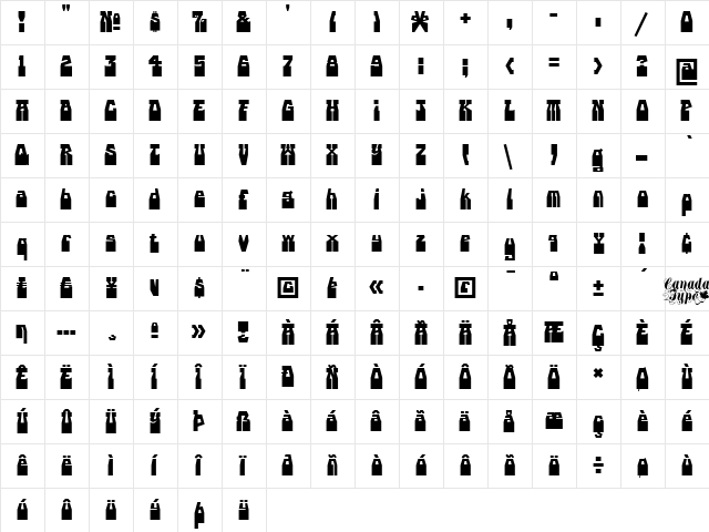 Guillotine Regular  glyph index