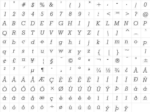 GeoSlab703 Lt BT Light Italic  glyph index