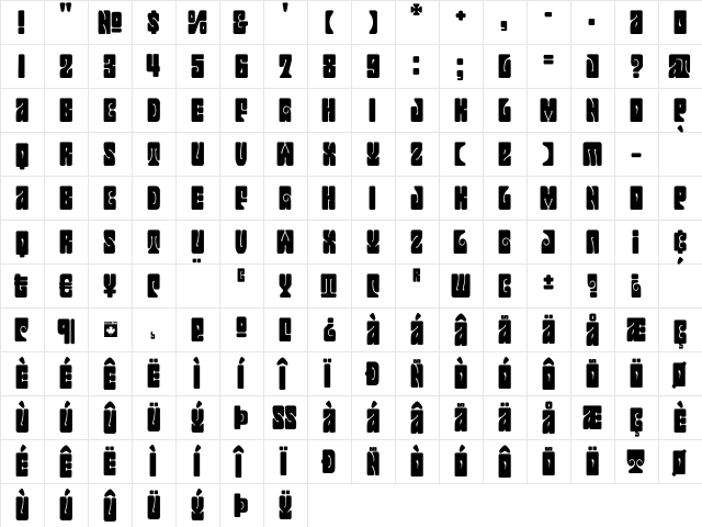 Jonah Black Regular  glyph index