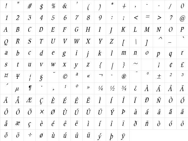 Clayton-Condensed Italic  glyph index