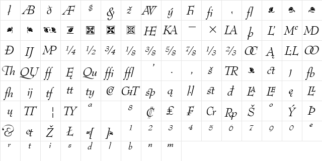 BernhardMod Ext BT Italic Extension  glyph index