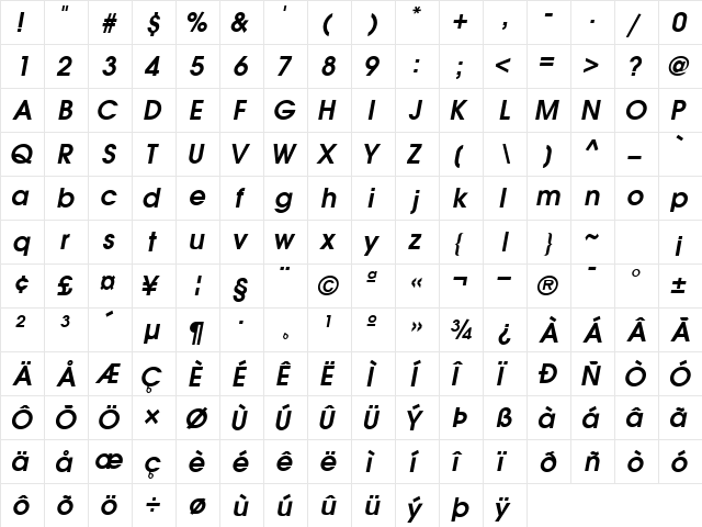 TrendexSSK Bold Italic  glyph index