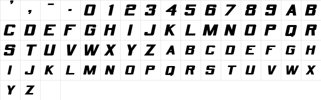 QuarterbackExtended Oblique  glyph index