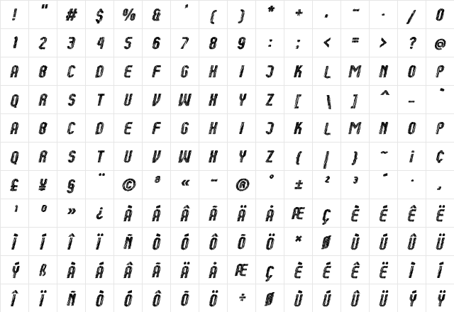 Kumba Sketch Bold Italic  glyph index