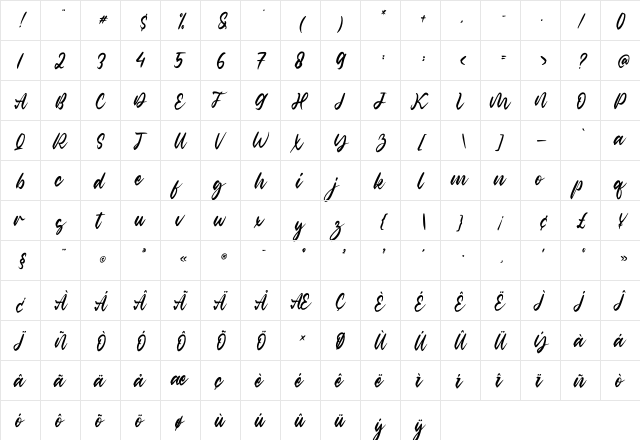 Classic Romantic Regular  glyph index