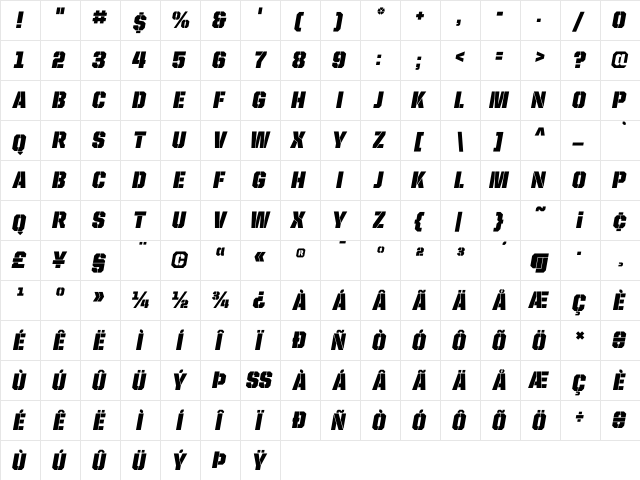 United Italic SemiCond Stencil  glyph index