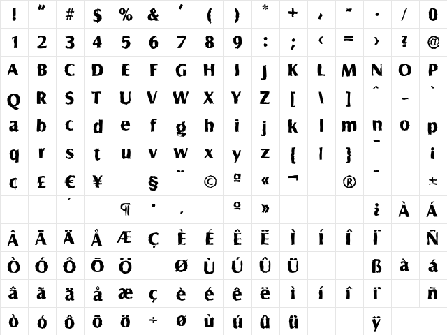 SalzburgRandom-Xbold Regular  glyph index