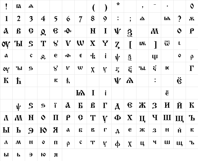 Izhitza Regular  glyph index