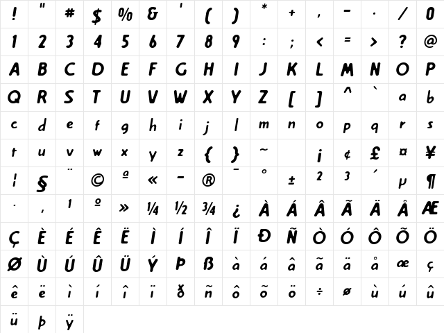 Creambold Regular  glyph index