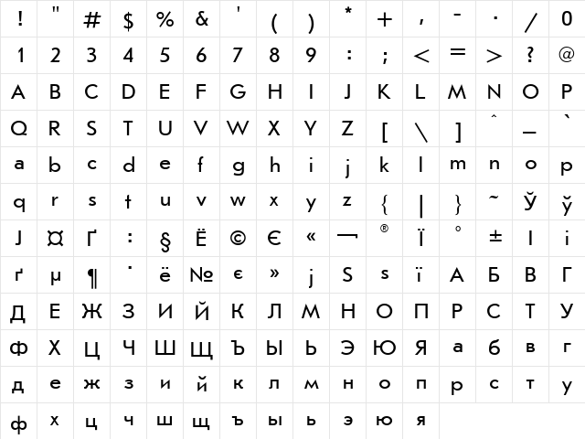 UkrainianJournalSans Regular  glyph index