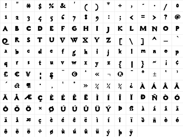 Cobra Bold  glyph index