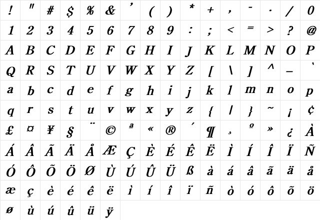 Katia Bold Italic Regular  glyph index