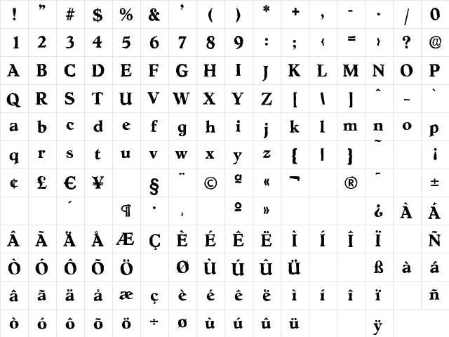 HobokenAntique Bold  glyph index