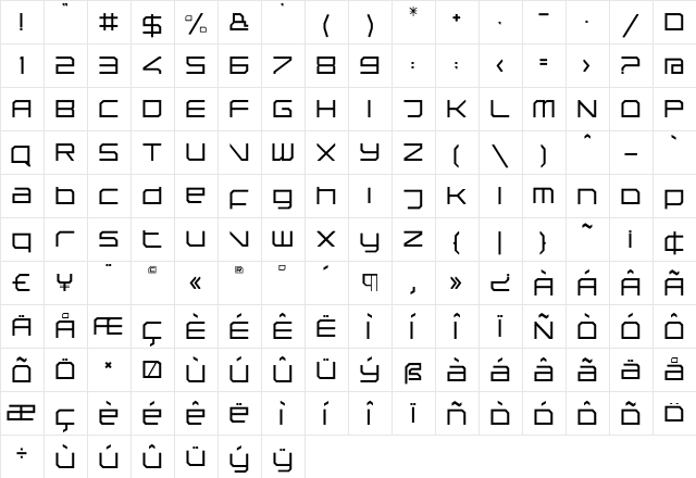 Rebirth Regular  glyph index