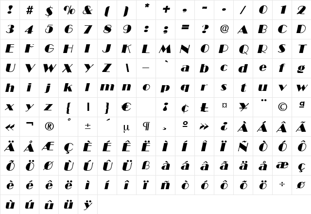 BroadwayItalic Regular  glyph index