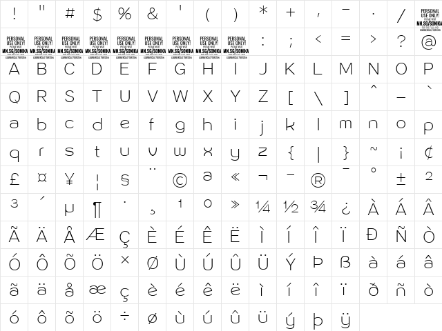 Sonika PERSONAL USE Thin  glyph index