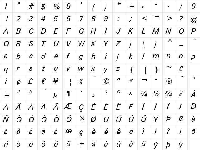 Zurich BT Italic  glyph index