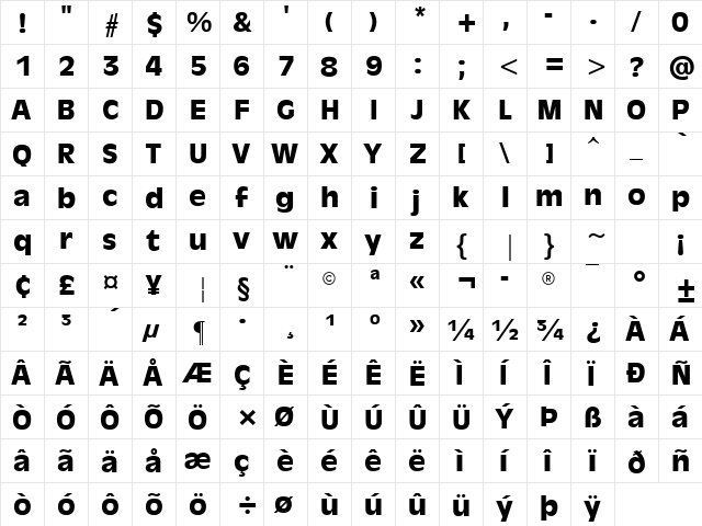 Pistachio-Bold Regular  glyph index