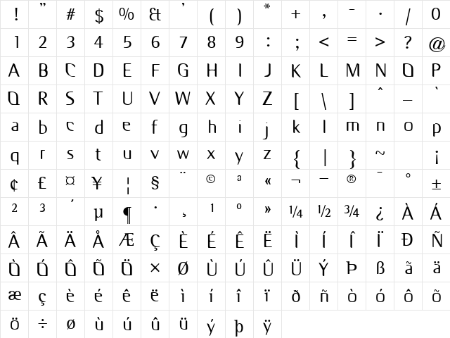 Odyssey Regular  glyph index