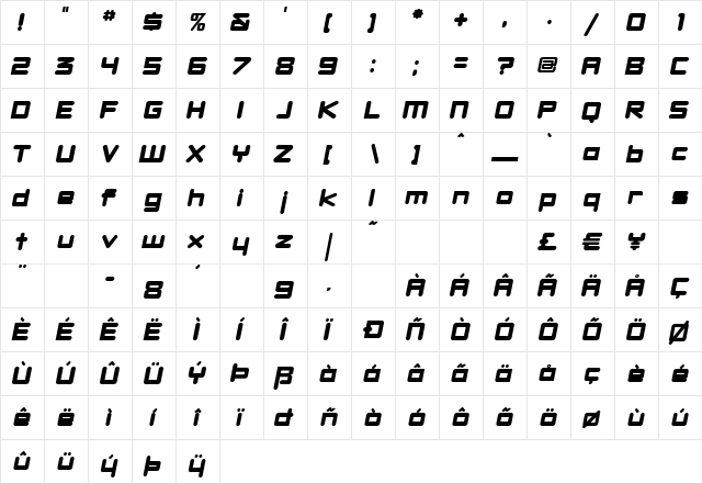 DBXLNightfever ExtraWideItalic  glyph index