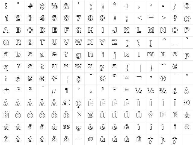Swis721 BlkOul BT Black  glyph index