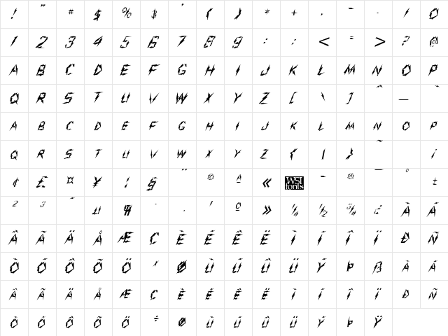 Jolt Italic  glyph index