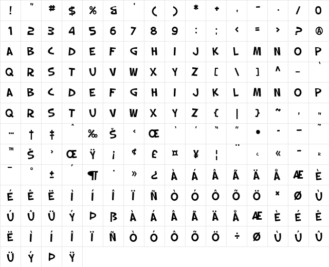 SF Slapstick Comic Regular  glyph index