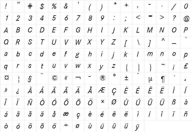 Corporate S BQ Italic  glyph index