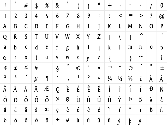 Barrett-Condensed Bold  glyph index