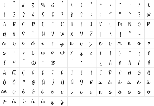 Epic Hello Regular  glyph index