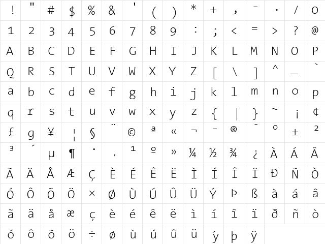 TheSansMono ExtraLight  glyph index