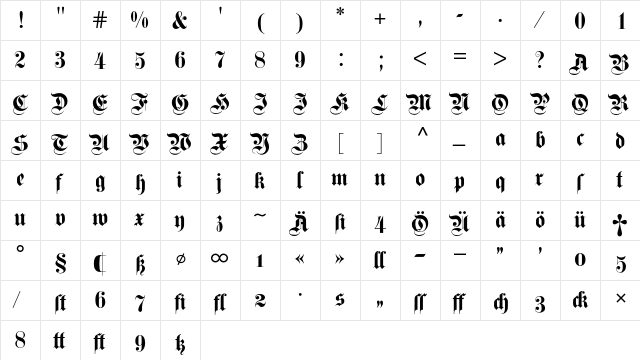 Fette Kanzlei BQ Regular  glyph index