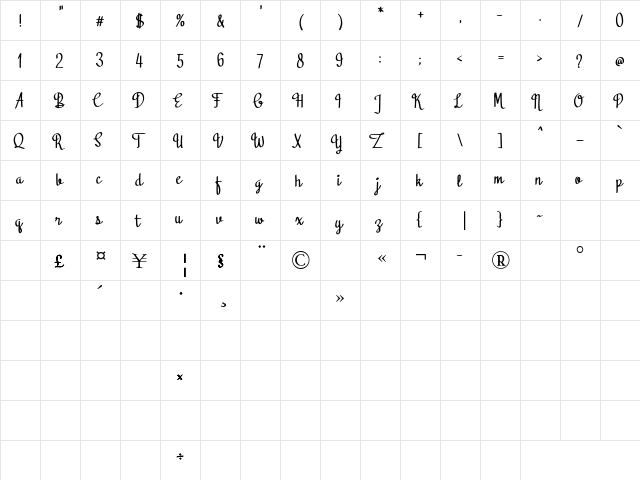 Black Sweet Regular  glyph index