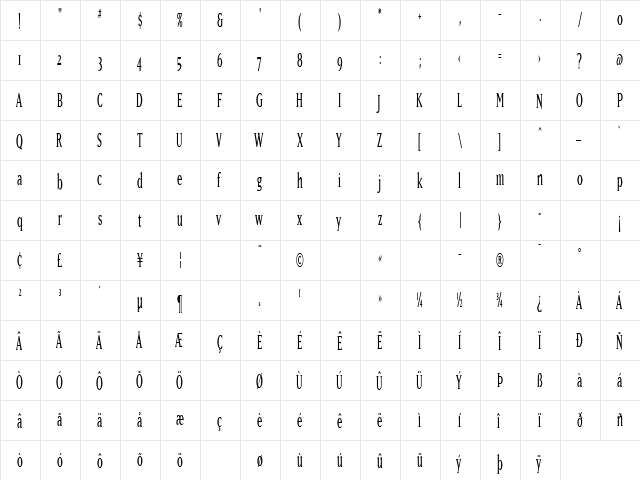 MatrixNarrowOldstyle Regular  glyph index