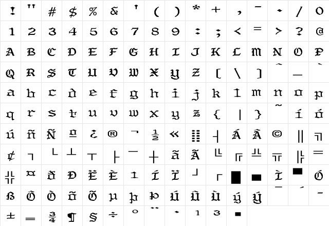 OldeWorld-Bold Ex Regular  glyph index